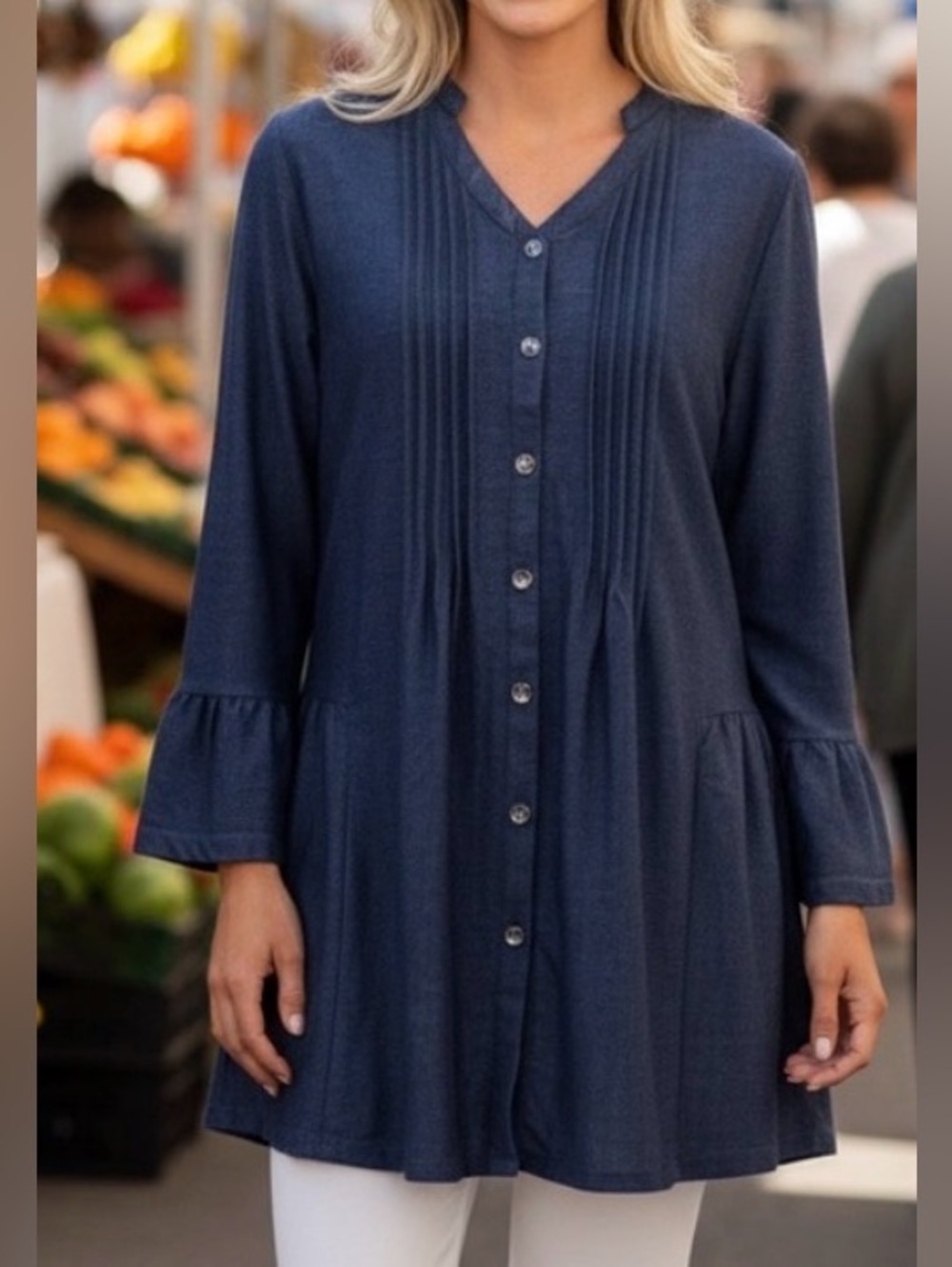 Reborn Navy Blue Button-Front Tunic